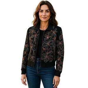 VINTAGE Boho Jacket Women’s Medium Front Zip Embroidered Sequin Floral Anage